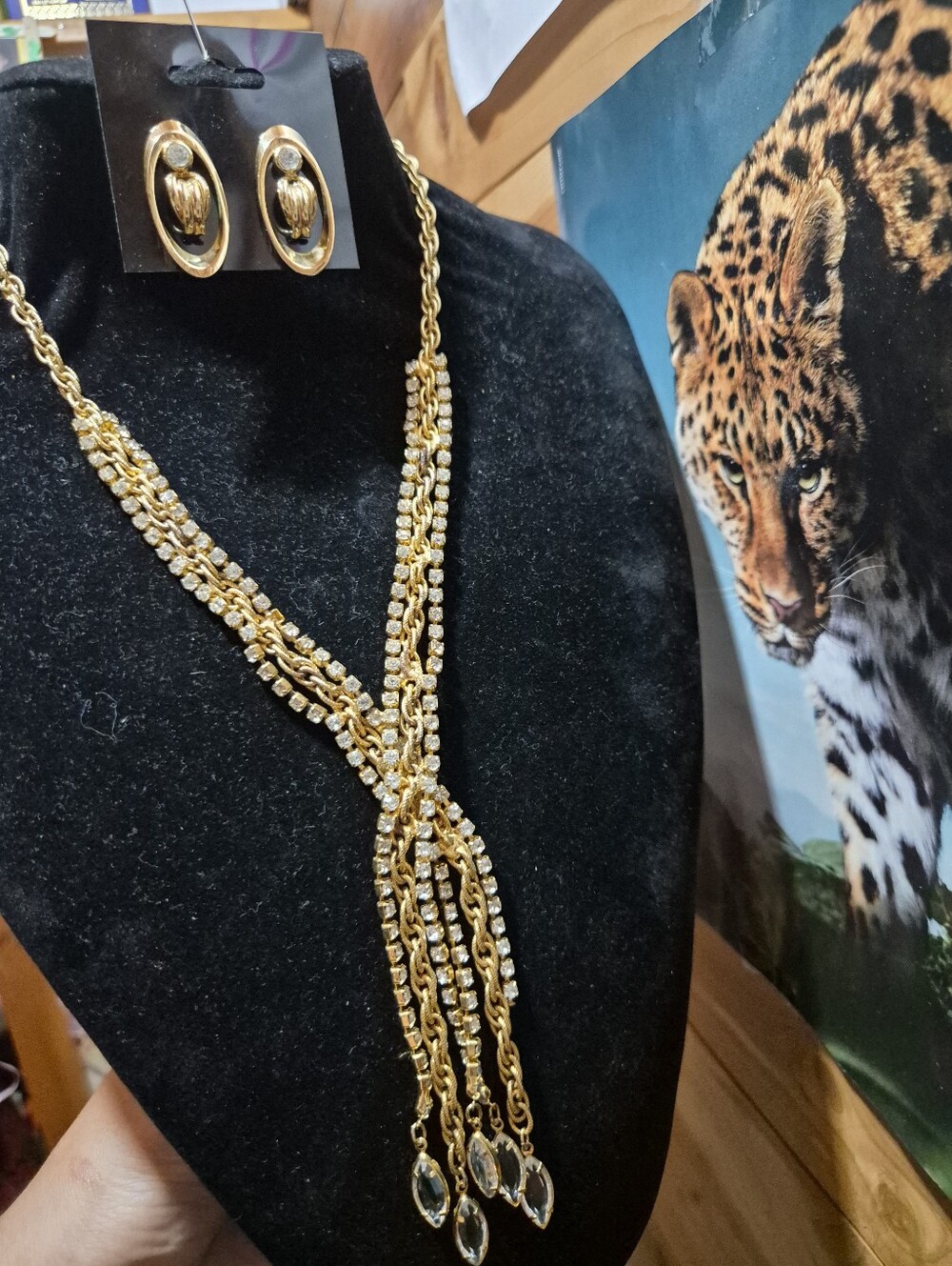 Vintage Gold and Clear Crystal Tassel Necklace Set